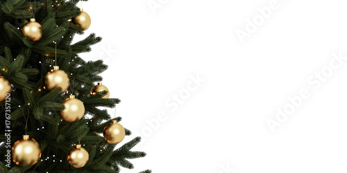 Close up christmas tree with gold ornaments isolated on transparent
