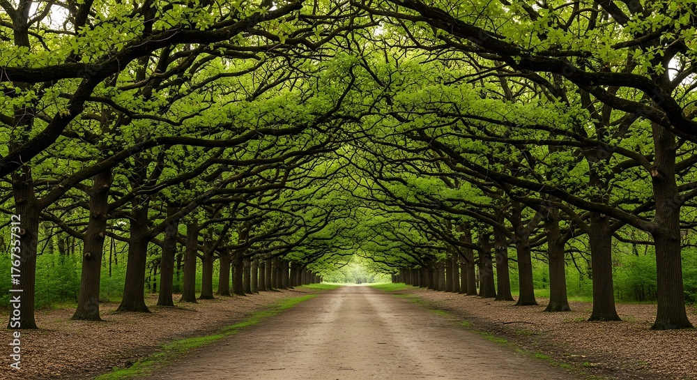 Naklejka premium Enchanting Forest Path Lined with Lush Green Trees Creating a Natural Archway.