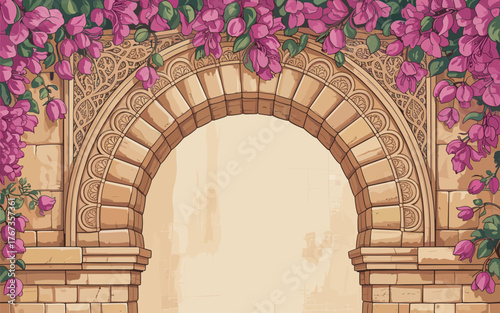 Ornate archway adorned with vibrant flowers, a beautiful entrance to a serene courtyard