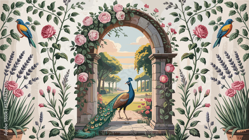 Enchanting Garden Scene with Peacock and Birds Framed by an Archway