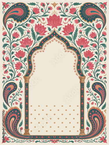 Intricate Floral Archway with Paisley Borders A Traditional Indian Design
