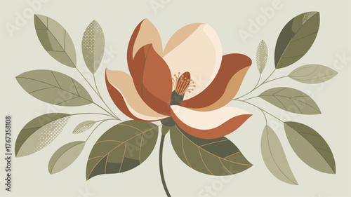 A beautiful floral illustration of a magnolia flower with leaves