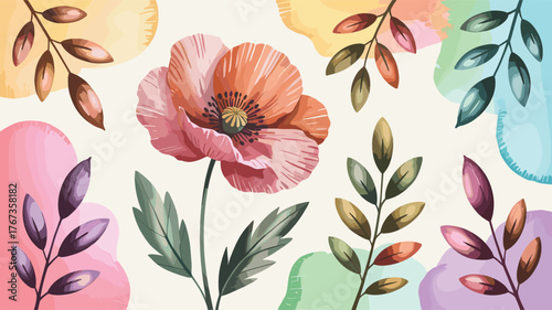 Beautiful watercolor poppy and leaves illustration, delicate floral art