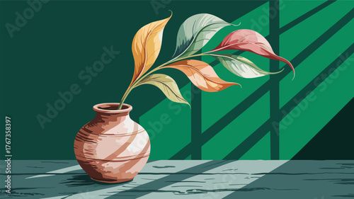 Artistic Vase with Autumn Leaves Casting Shadows on a Textured Surface