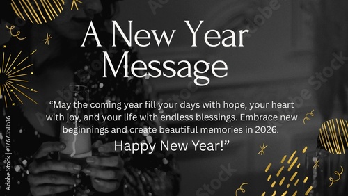 Elegant Black and Gold New Year Message Greeting Card for 2026