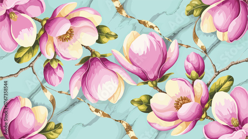 Beautiful Magnolia Blossoms with Gold Accents on Marble Background Illustration