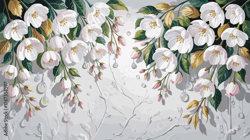 Delicate Watercolor Floral Mural with Hanging Buds and Droplets