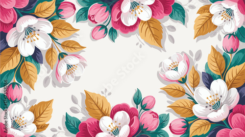 Charming floral composition with pink and white blossoms and green leaves