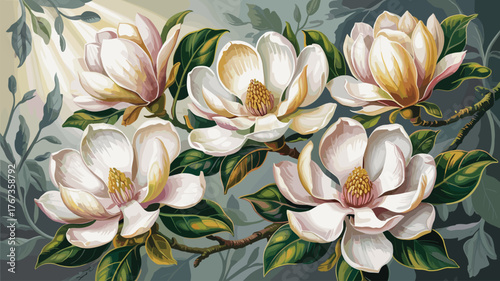 A cluster of large, white magnolia flowers bloom on a branch, detailed illustration