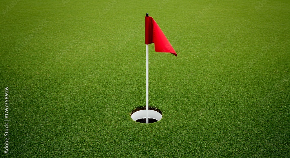 Obraz premium Golf Hole with Red Flag on Green Course.
