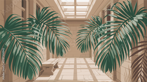 Sunlit Conservatory with Lush Tropical Palm Leaves and Stone Bench