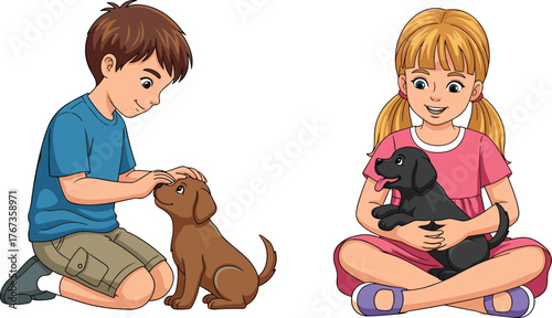 Happy children, a boy petting a brown puppy and a girl holding a black puppy, pet love, cute animals, childhood friendship.