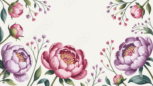 Pastel Peony Floral Border with Delicate Buds and Leaves