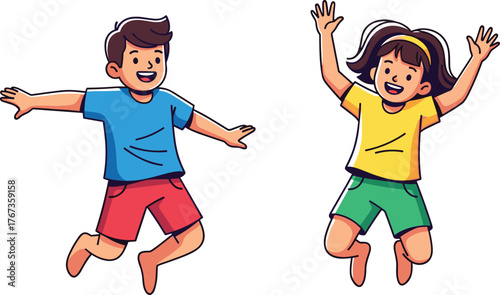 Happy, joyful children jumping high with excitement, celebrating fun, carefree childhood, active friends playing together, vector illustration.