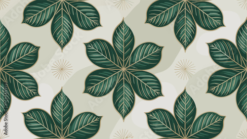 Elegant Green Leaf Pattern with Gold Accents on a Neutral Background