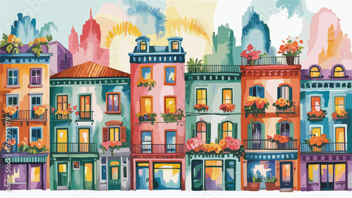 Vibrant Watercolor Cityscape with Colorful Buildings and Flower-Laden Balconies