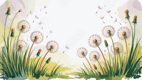 Gentle Dandelion Seeds Floating in a Softly Painted Meadow