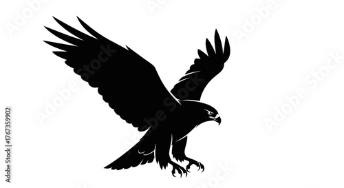 A black silhouette of a raptor bird with wings spread, descending.