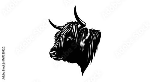 A striking black and white illustration of a Highland cow's head in profile.