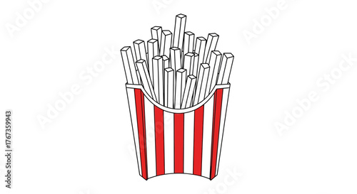 A serving of French fries in a red and white striped paper container is isolated on a white background.