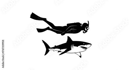 A diver with scuba gear swims alongside a shark in the deep ocean.