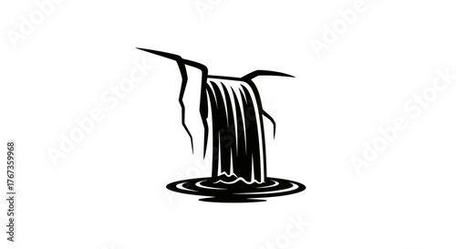 A simple black and white illustration of a waterfall flowing into a pool of water.