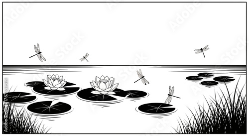 Dragonflies hover over a tranquil pond filled with blooming water lilies and reeds.