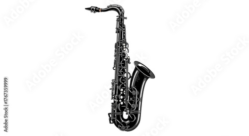 A black alto saxophone rests on a white background.