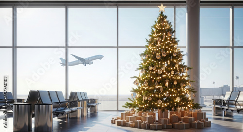 Festive Christmas tree in airport terminal with plane taking off