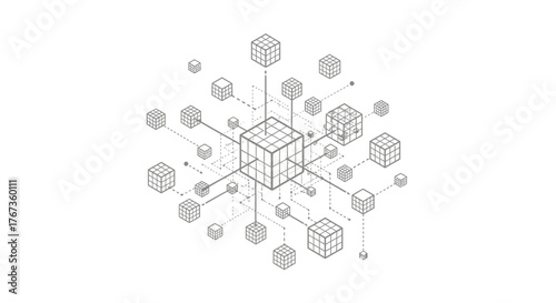Abstract representation of a network structure with interconnected cubes and lines