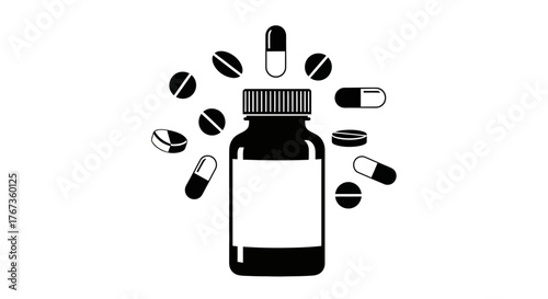A bottle of pills and capsules is surrounded by scattered medication on a white background.