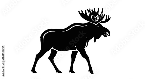 A silhouette of a large moose with impressive antlers stands against a white background.