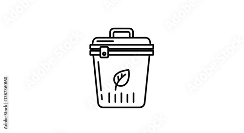 A simple line drawing depicts a recycling bin with a leaf symbol.