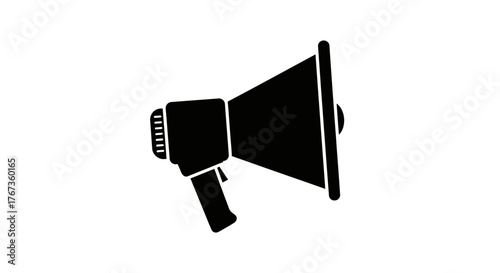 A black silhouette of a megaphone stands out against a white background.