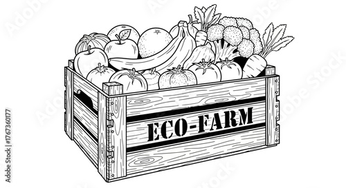 A wooden crate overflowing with fresh fruits and vegetables is labeled ECO-FARM.