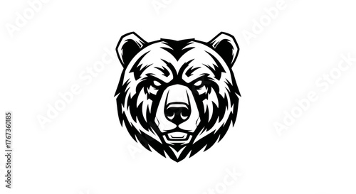 A powerful and stylized black and white illustration of a grizzly bear's head.