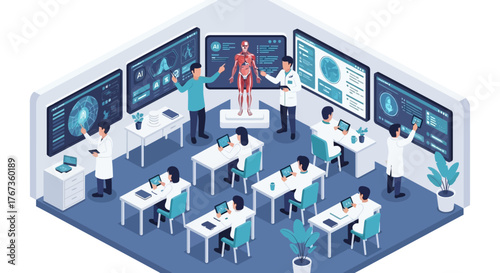 Isometric illustration of a modern medical or science classroom with students, instructors, and interactive displays showing human anatomy and data.