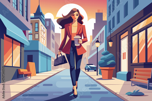Stylish woman walking through urban street with coffee, fashion-forward, city lifestyle, bokeh background.