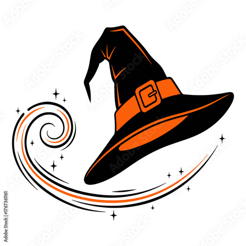 Witch Hat with Magical Swirls and Stars – Halloween Vector Illustration