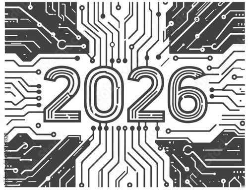  A bold, monochrome circuit pattern surrounds the striking 2026 numerals, symbolizing technology, digital future, and innovation. Ideal for tech branding