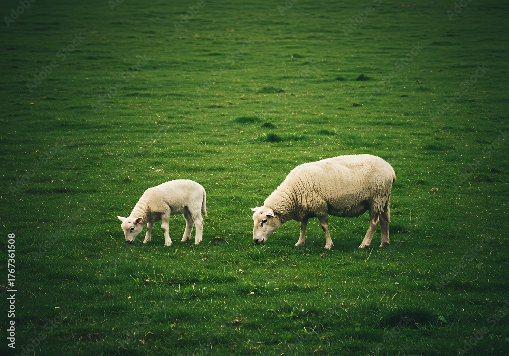 Fototapeta premium Mother Sheep and Lamb Grazing in a Lush Green Field.