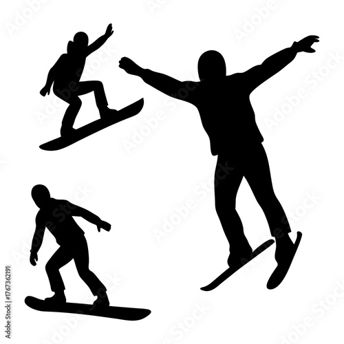 Silhouettes of snowboarders performing tricks and jumps on a white background