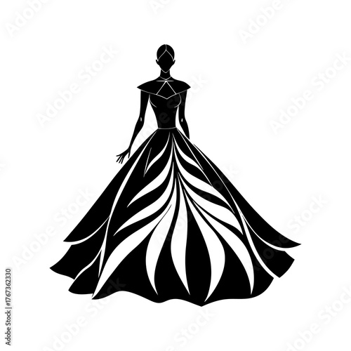 Elegant black and white fashion illustration of a woman in a ball gown