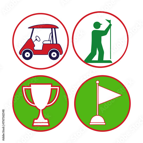 Golf icons set featuring cart golfer trophy and flag on green background