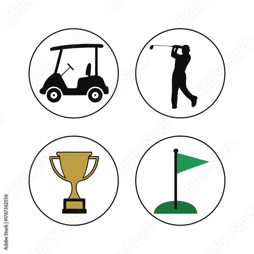 Golf icons set with golf cart player trophy and flag