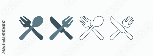 Restaurant and dining icon set. Crossed utensils vector illustration in blue and grey colors. Crossed fork, spoon, and knife vector icons. Flat and outline cutlery set graphics