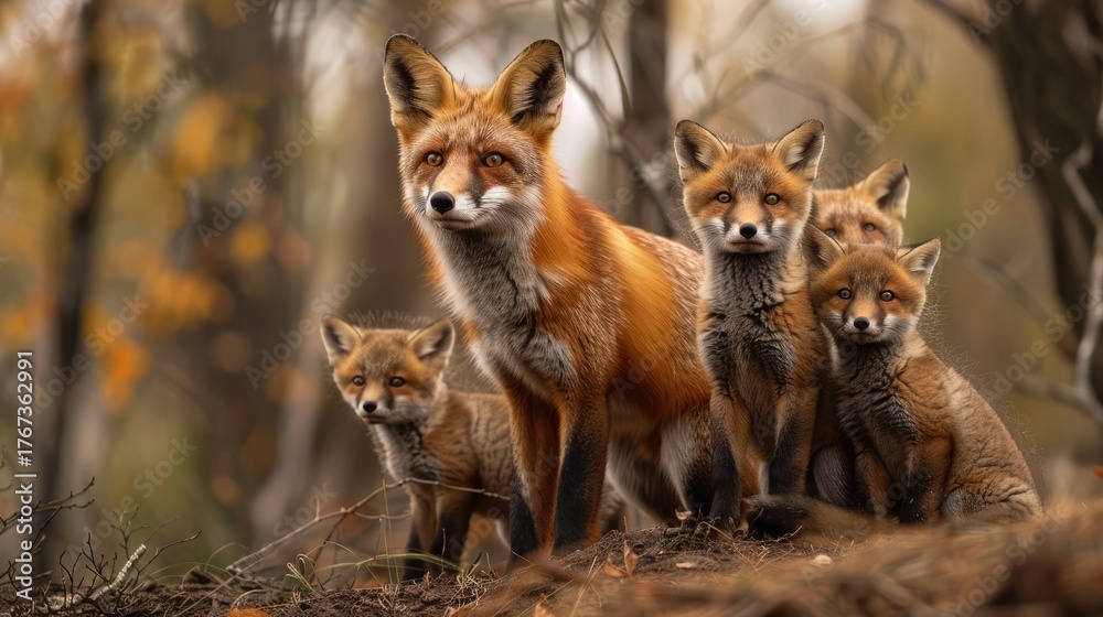Fototapeta premium A family of chanterelles in the forest. A female fox and small foxes.