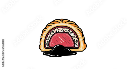 Beef Wellington with mushroom duxelles and sauce delicious food illustration.