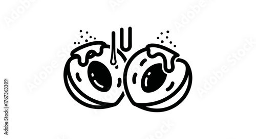Artistic illustration of two halves of a fruit with juice dripping and a U shape.