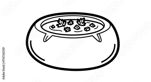 Black and white illustration of a cauldron with soup inside.